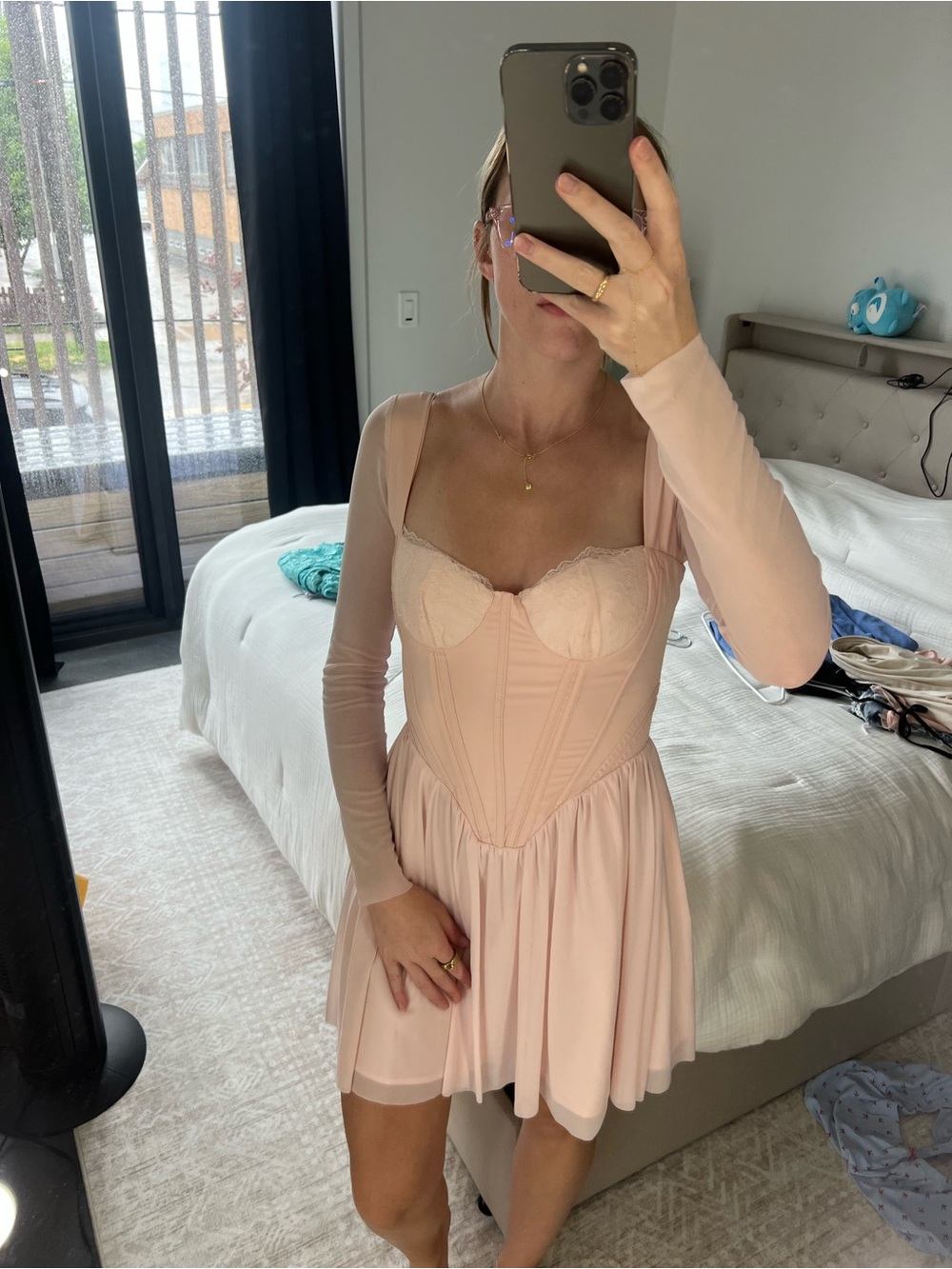 Women's Blush Pink Mesh Long-Sleeve Corset Dress